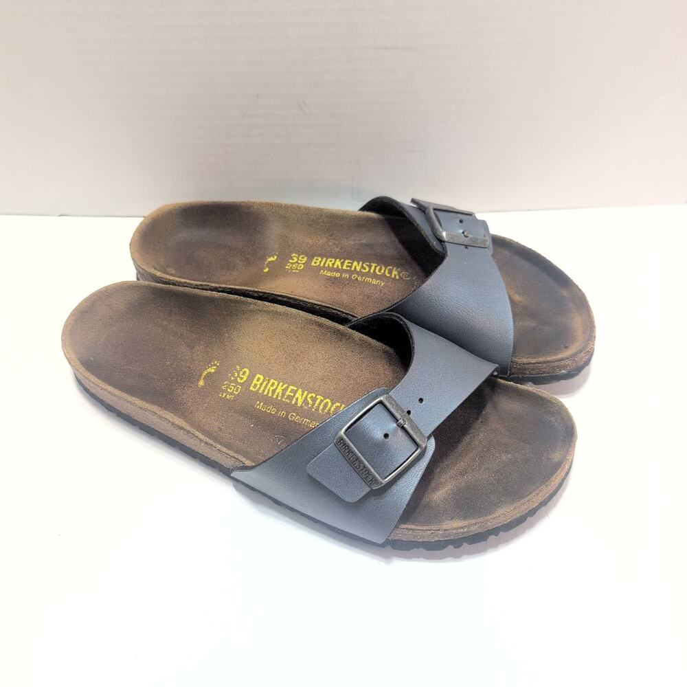 Birkenstock Madrid Birko-Flor Metallic Blue Slides Women's 8
